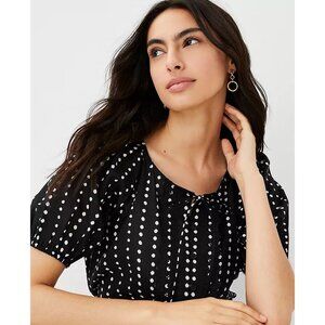 Ann Taylor Womens XL Line Dot Tie Neck Raglan Sleeve Blouse Shirt Black White